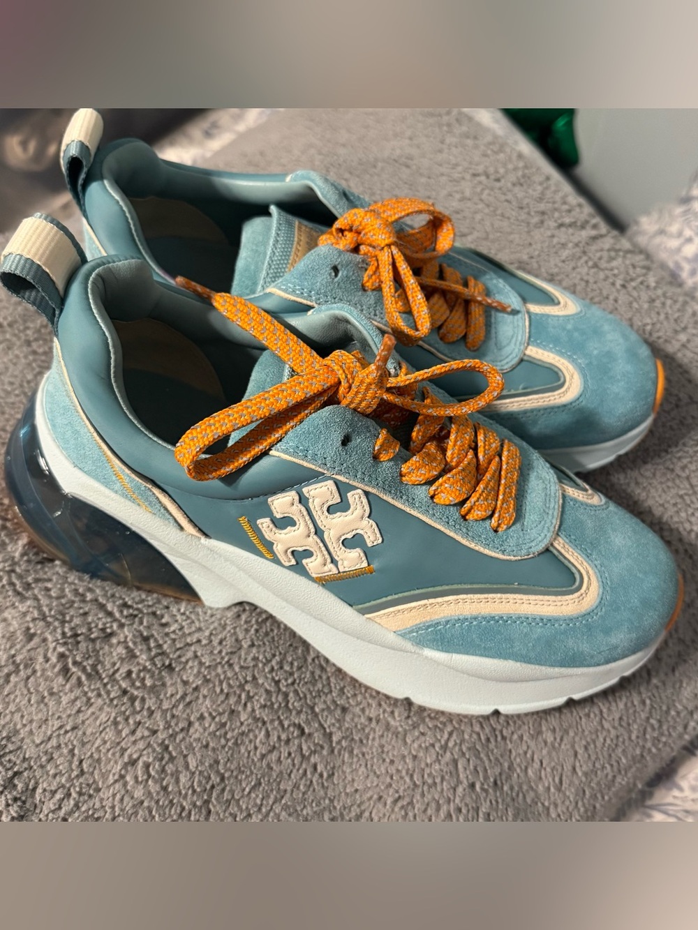 Tory Burch Teal and Orange Suede Athletic Sneakers